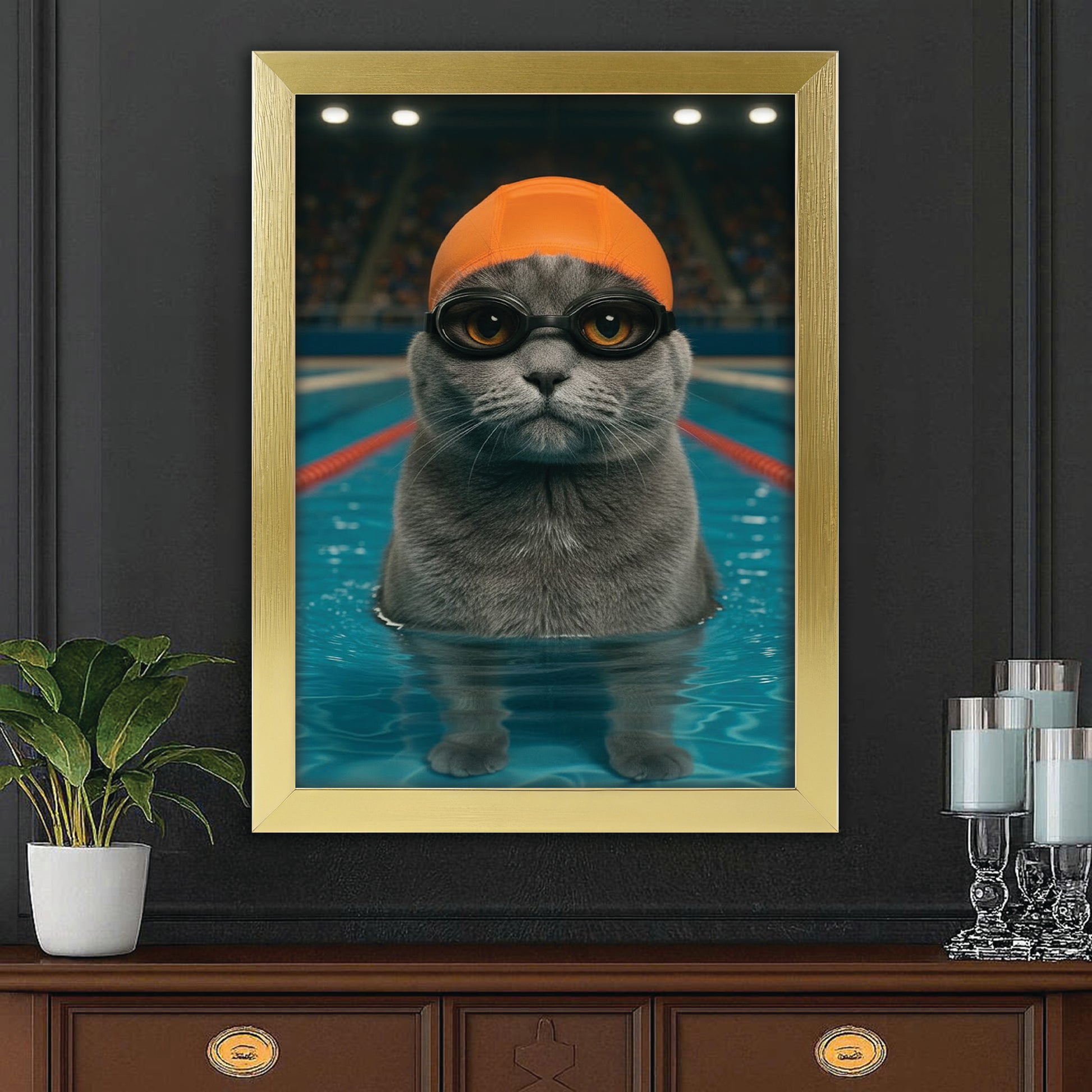 Custom Photo Swimmer  2 Cat Canvas Framed Wall Art Gift For Cat Lovers