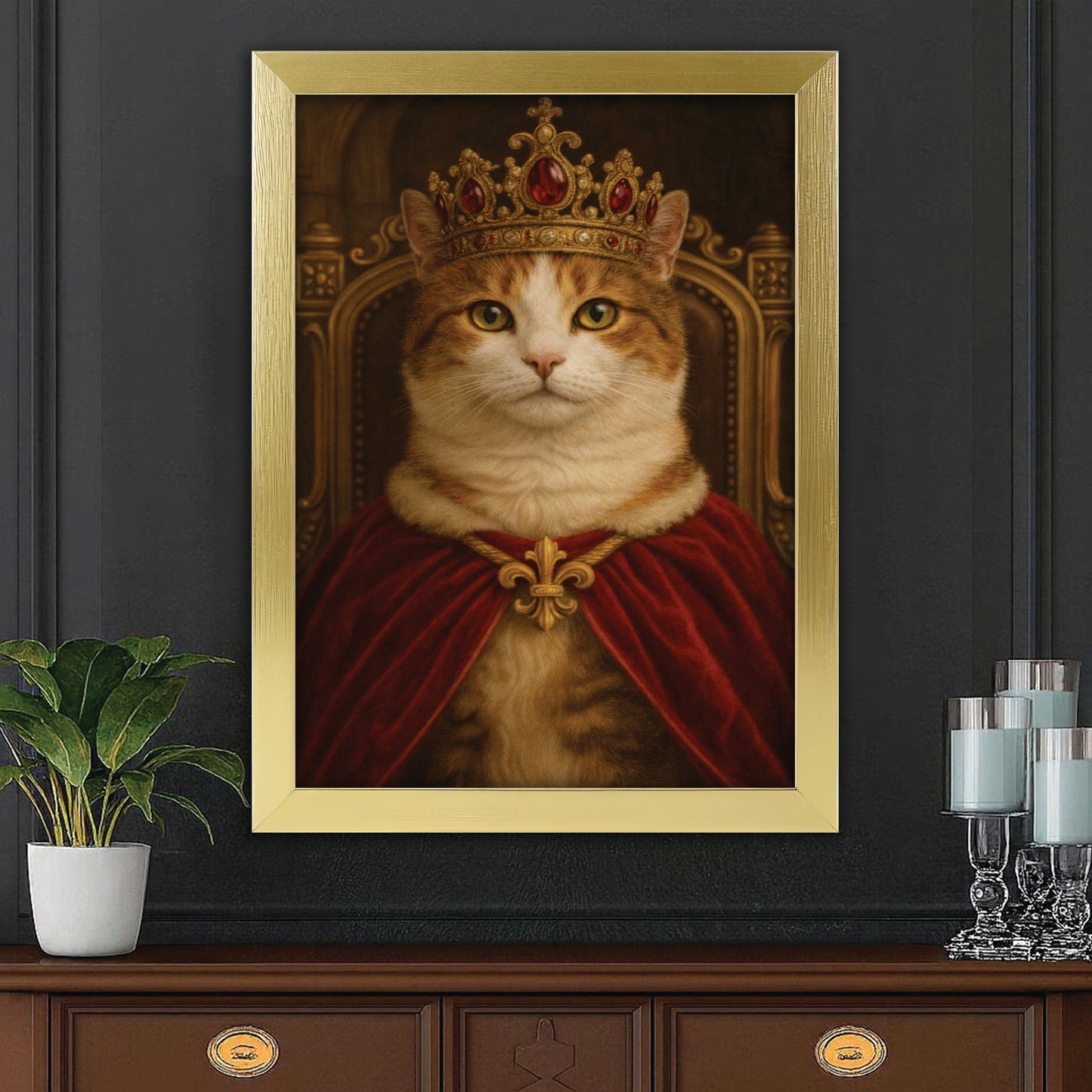 Custom Photo Royal Cat Potrait Canvas Framed Wall Art Gift For Cat Lovers