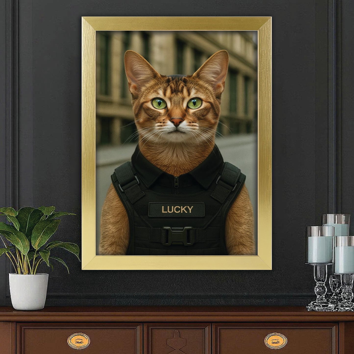 Custom Photo Tactical Cat Canvas Framed Wall Art Gift For Cat Lovers
