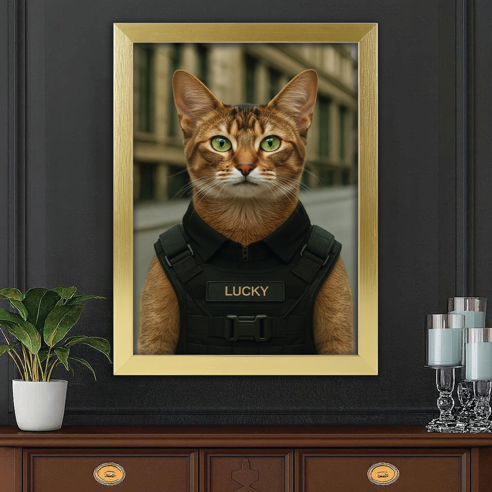 Custom Photo Tactical Cat Canvas Framed Wall Art Gift For Cat Lovers