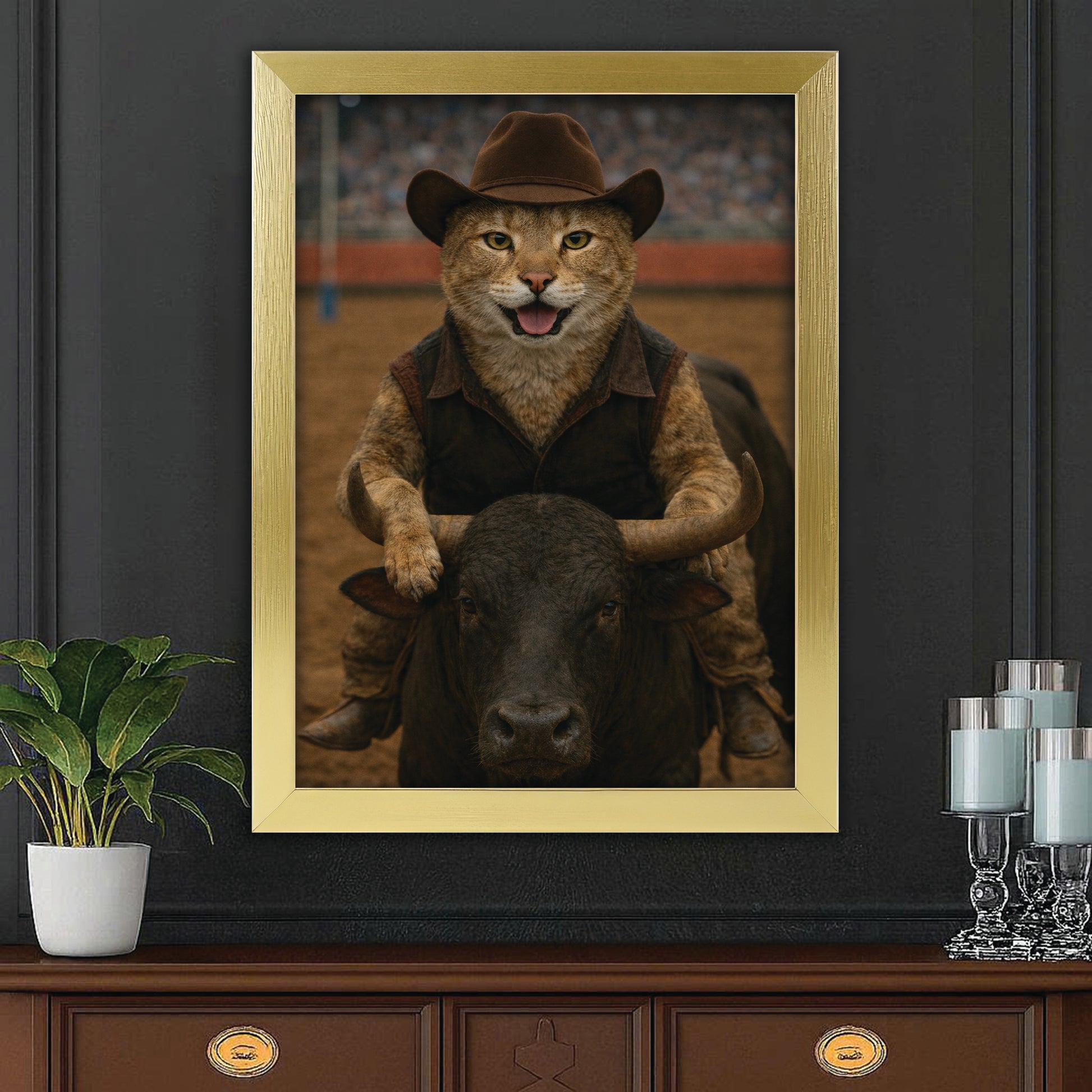 Custom Photo Bull Rider Cowboy Cat Canvas Framed Wall Art Gift For Cat Lovers