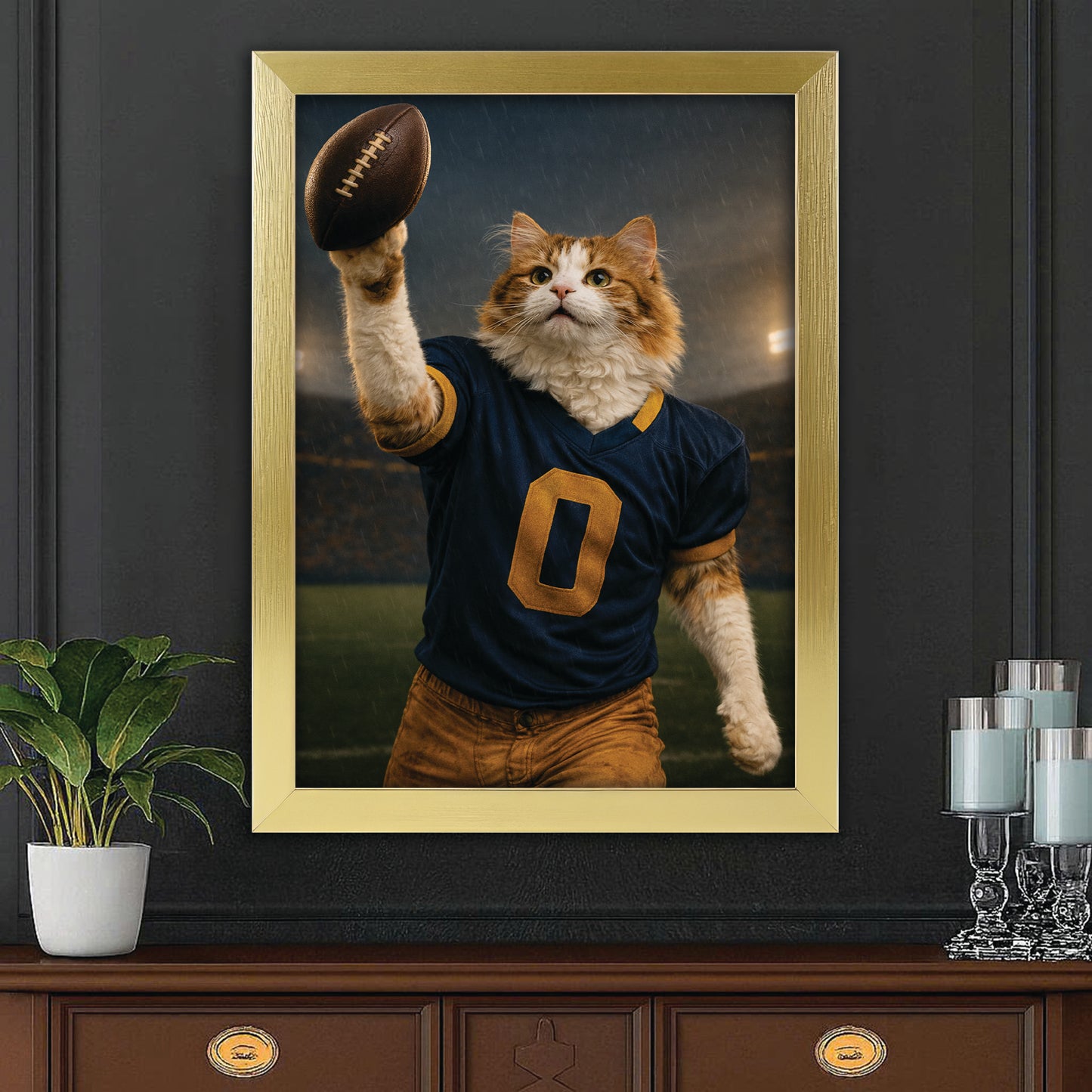 Custom Photo Football Player Canvas Framed Wall Art  Gift For Cat Lovers