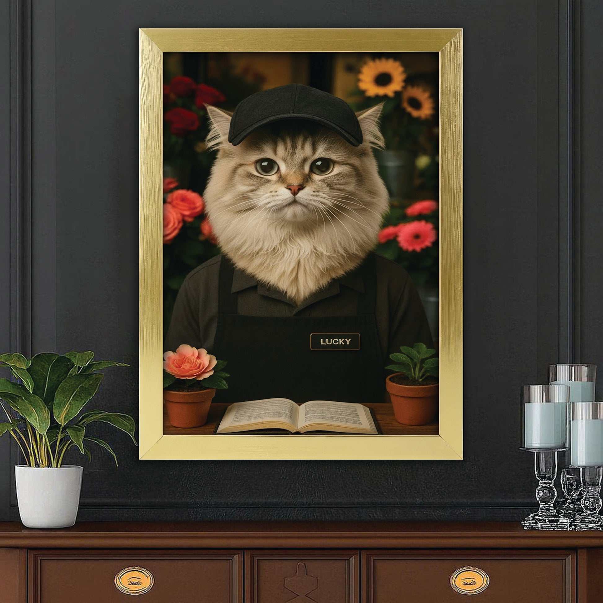 Custom Photo Flower Shop Florist Cat Canvas Framed Wall Art  Gift For Cat Lovers