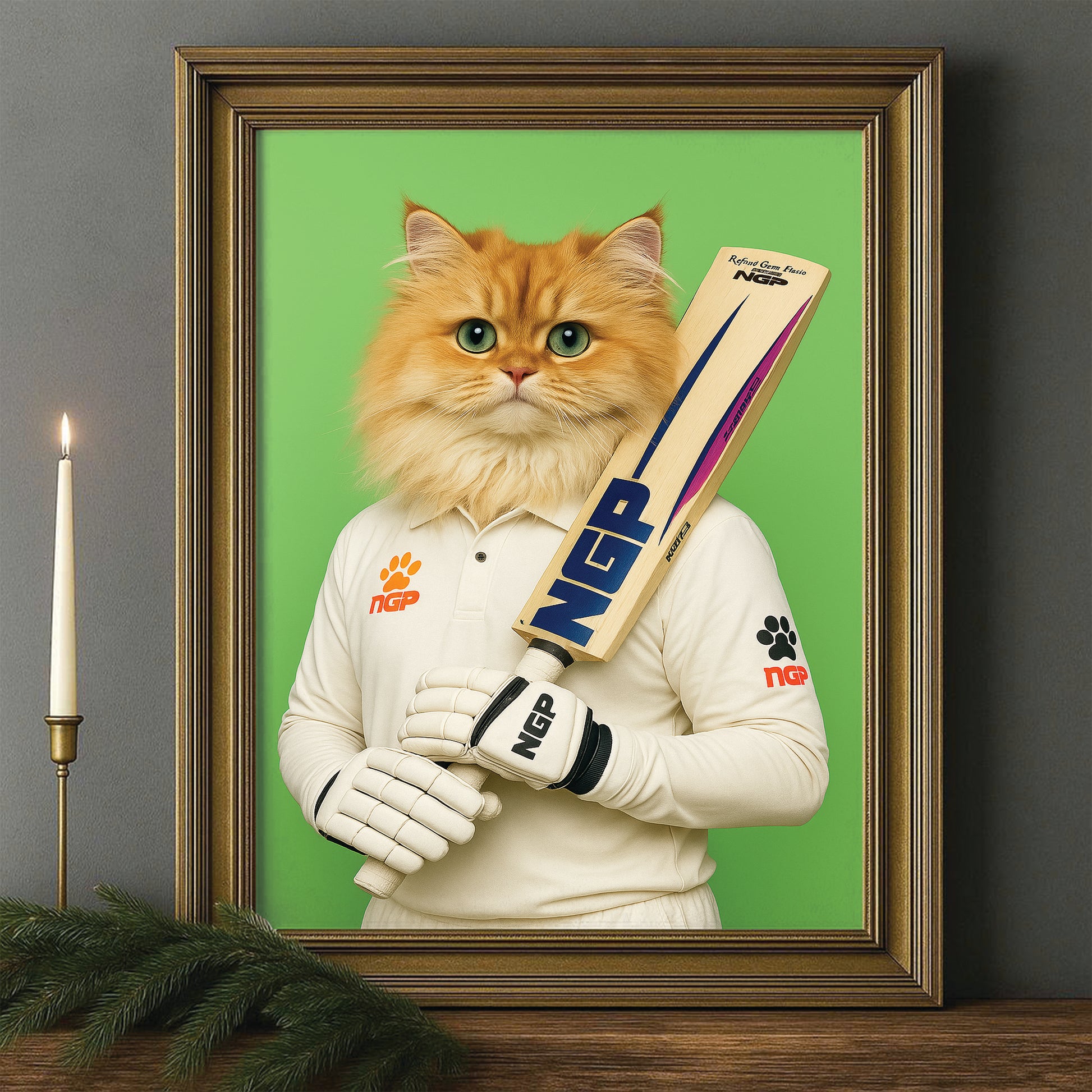 Custom Photo Cricketer Cat Canvas Framed Wall Art Gift For Cat Lovers