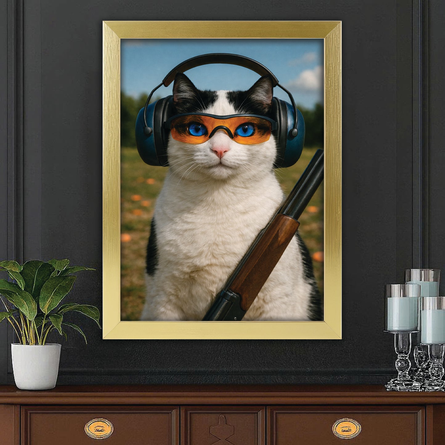 Custom Photo Clay Shooter Cat Canvas Framed Wall Art Gift For Cat Lovers