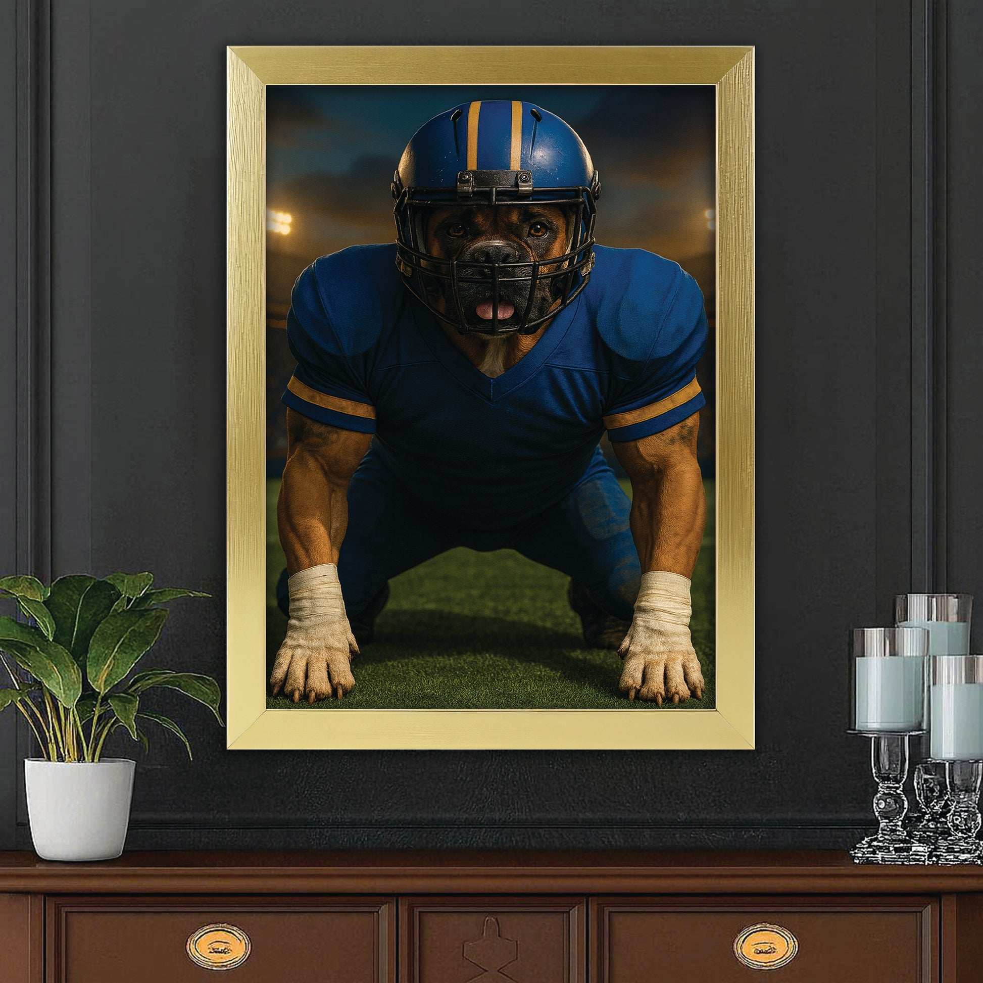 Custom Photo Football Player 2 Dog Canvas Framed Wall Art Gift For Dog Lovers