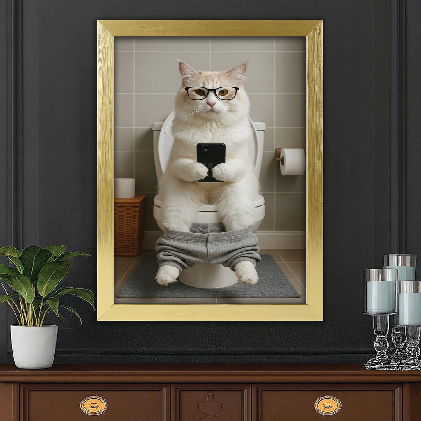 Custom Photo Cat Bathroom Style 15 Canvas Framed Wall Art Gift For Cat Lovers