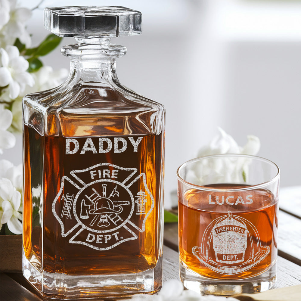Firefighter Dad Whiskey Decanter Set, Personalized Name Glass Gift for Dad