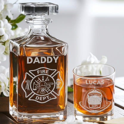Firefighter Dad Whiskey Decanter Set, Personalized Name Glass Gift for Dad