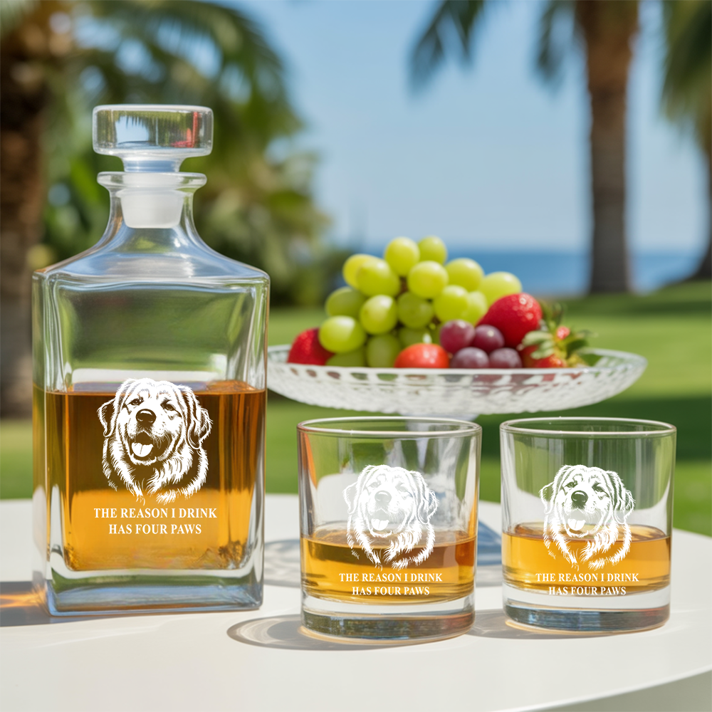 Custom Dog Photo The Reason I Drink Has Four Paws Whiskey Glass And Decanter Set | Personalized Dog Photo | Pet Lover Gift