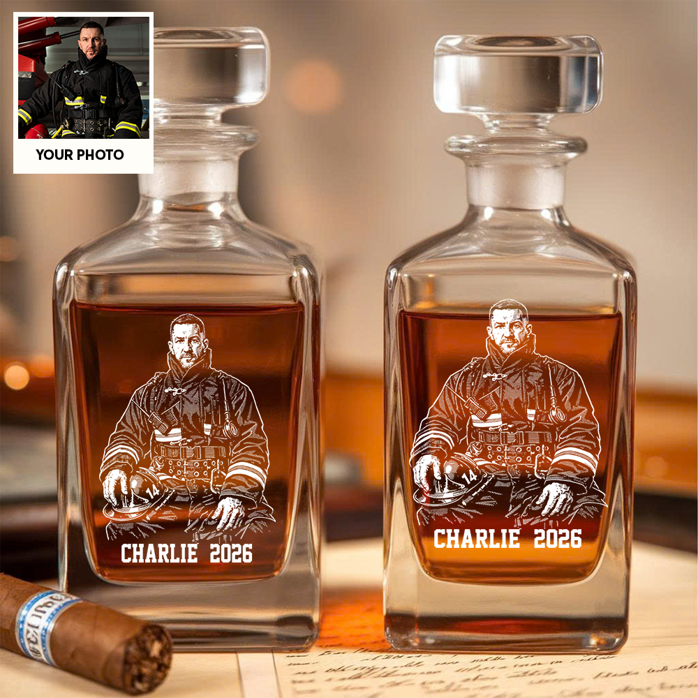 Custom Photo Firefighter Whiskey Decanter Set, Personalized Name For Dad, Retirement Gift THUC99