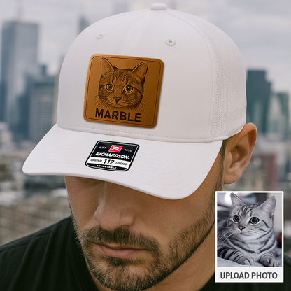 Custom Pet Photo Trucker Hat – Personalized Leather Patch Hat – Cat Portrait Gift – Custom Pet Face Hat P99A12