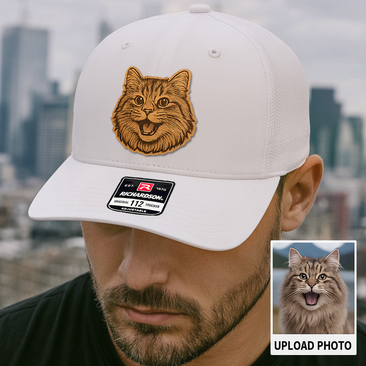 Custom Pet Photo Trucker Hat – Personalized Leather Patch Hat – Cat Portrait Gift – Custom Pet Face Hat P99A14