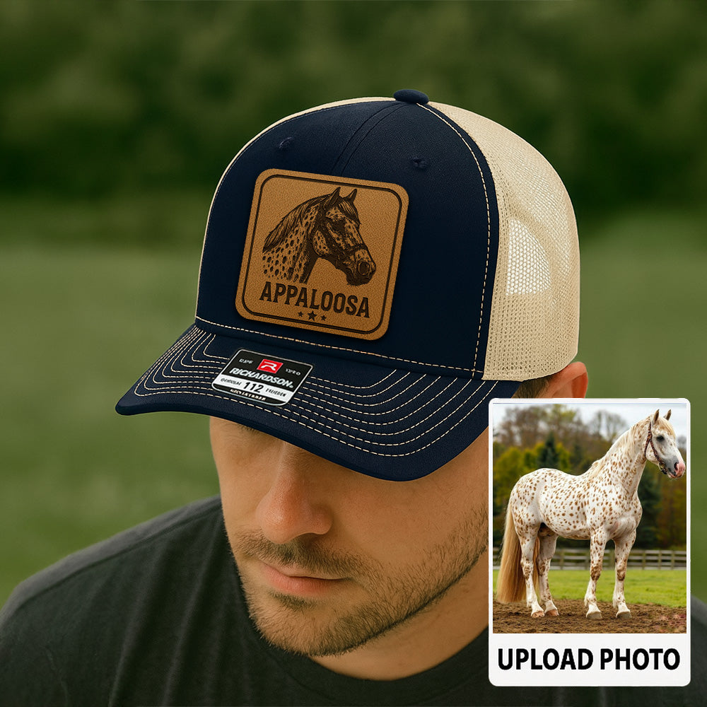 Personalized Horse Photo Leather Patch Hat | Custom Pet Photo Trucker Hat | Horse Farm Lovers Gift THUC99P14