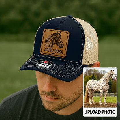 Personalized Horse Photo Leather Patch Hat | Custom Pet Photo Trucker Hat | Horse Farm Lovers Gift THUC99P14