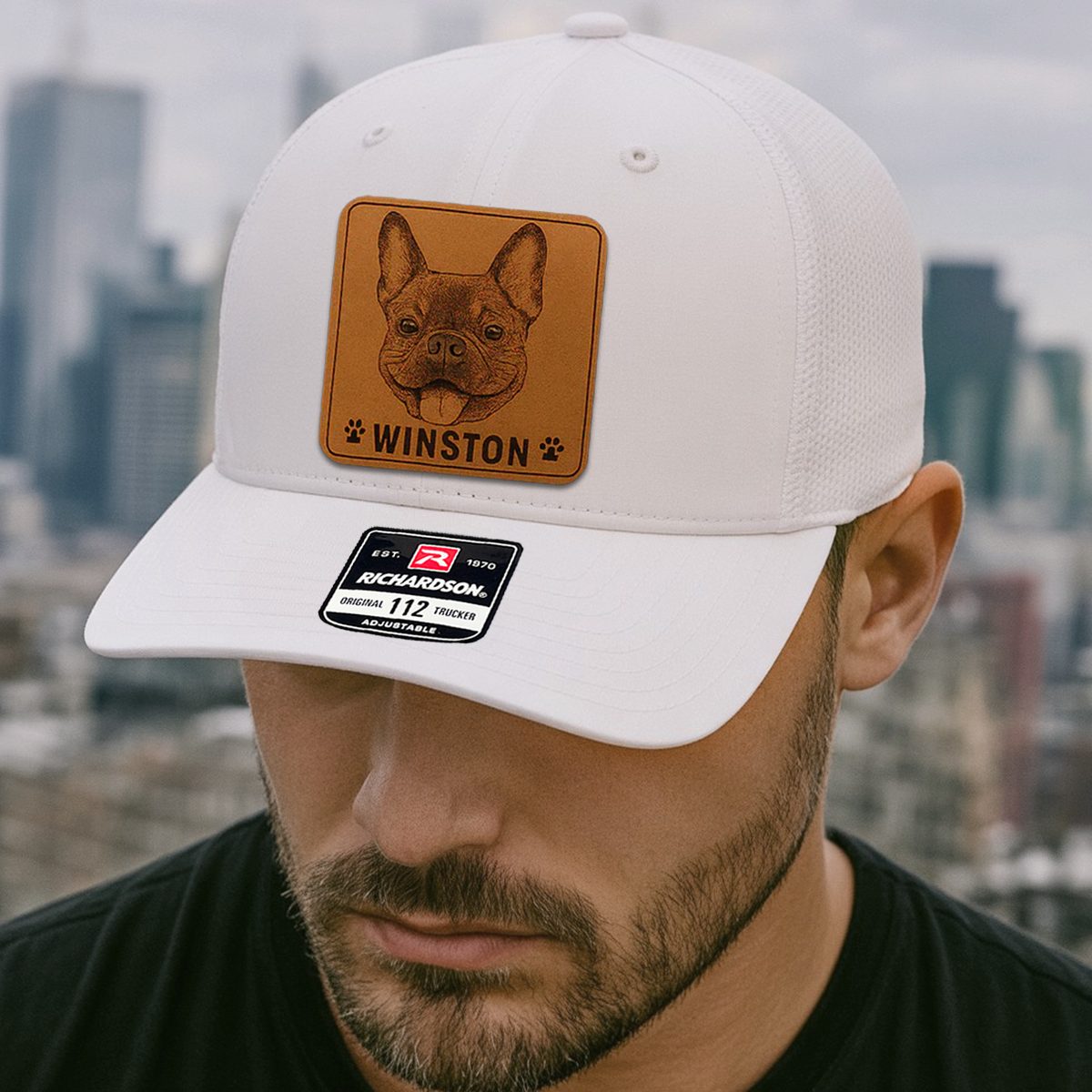 Custom Pet Photo Trucker Hat – Personalized Leather Patch Hat – Dog Portrait Gift – Custom Pet Face Hat P99A8