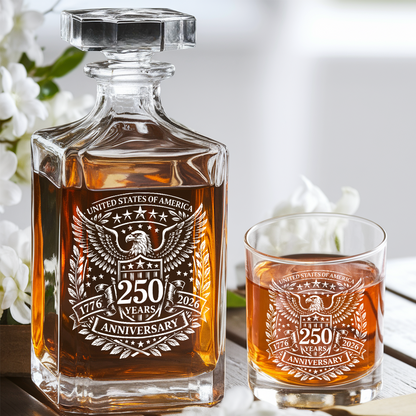 USA 250 Years Anniversary Engraved Whiskey Decanter Set, Patriotic Eagle Bourbon Glassware 1776–2026 THUC99