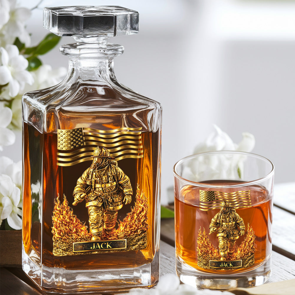 Personalized Firefighter Decanter Set – Gold Fireman & American Flag Custom Whiskey Gift