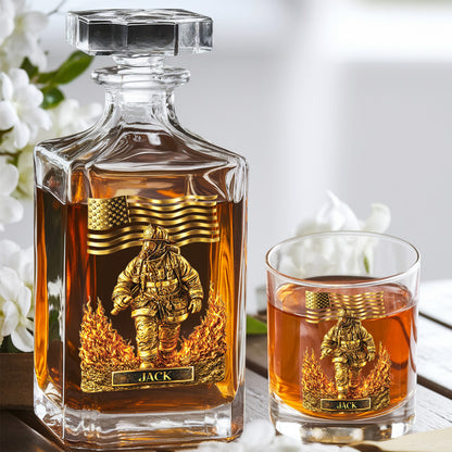 Personalized Firefighter Decanter Set – Gold Fireman & American Flag Custom Whiskey Gift