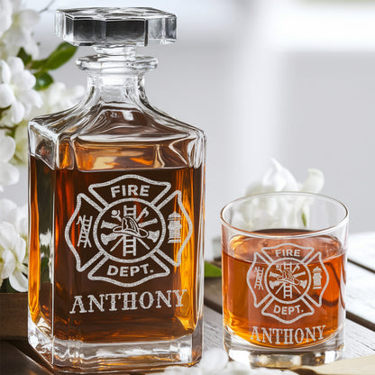 Personalized Firefighter Decanter Set – Custom Name Whiskey Bottle & Glasses Gift