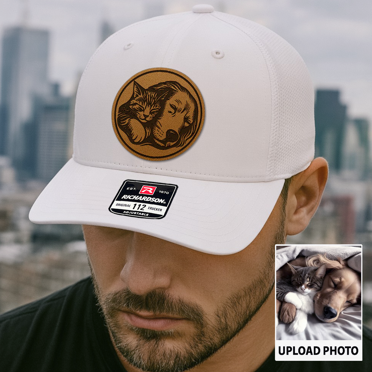 Custom Pet Photo Trucker Hat | Personalized Dog & Cat Patch Leather Patch Hat | Gift For Pet Lovers TNGANSP016