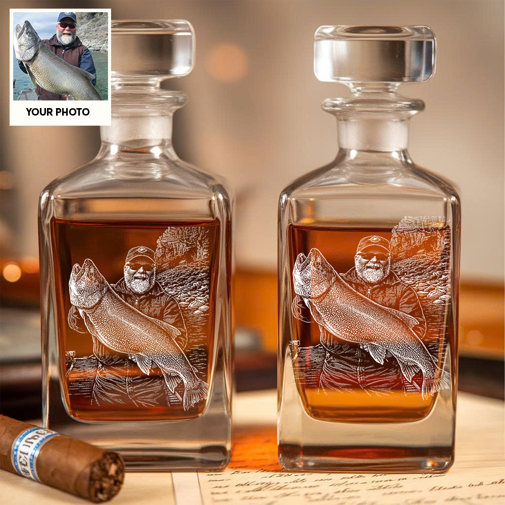 Custom Photo Fishing Whiskey Decanter Set, Engraved Whisket Glass Gift THUC99
