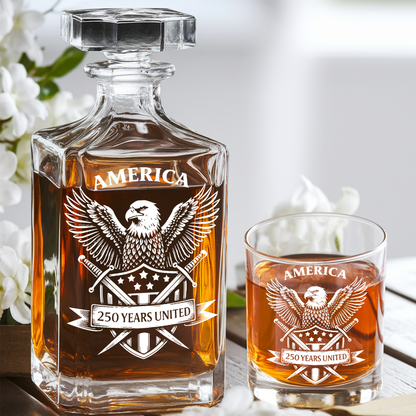 America 250 Years United Engraved Whiskey Decanter Set, Patriotic Eagle Bourbon Gift 1776–2026 THUC99