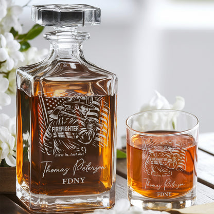 Custom Firefighter Decanter & Whiskey Glass Set, Engraved Name Gift for Firefighters