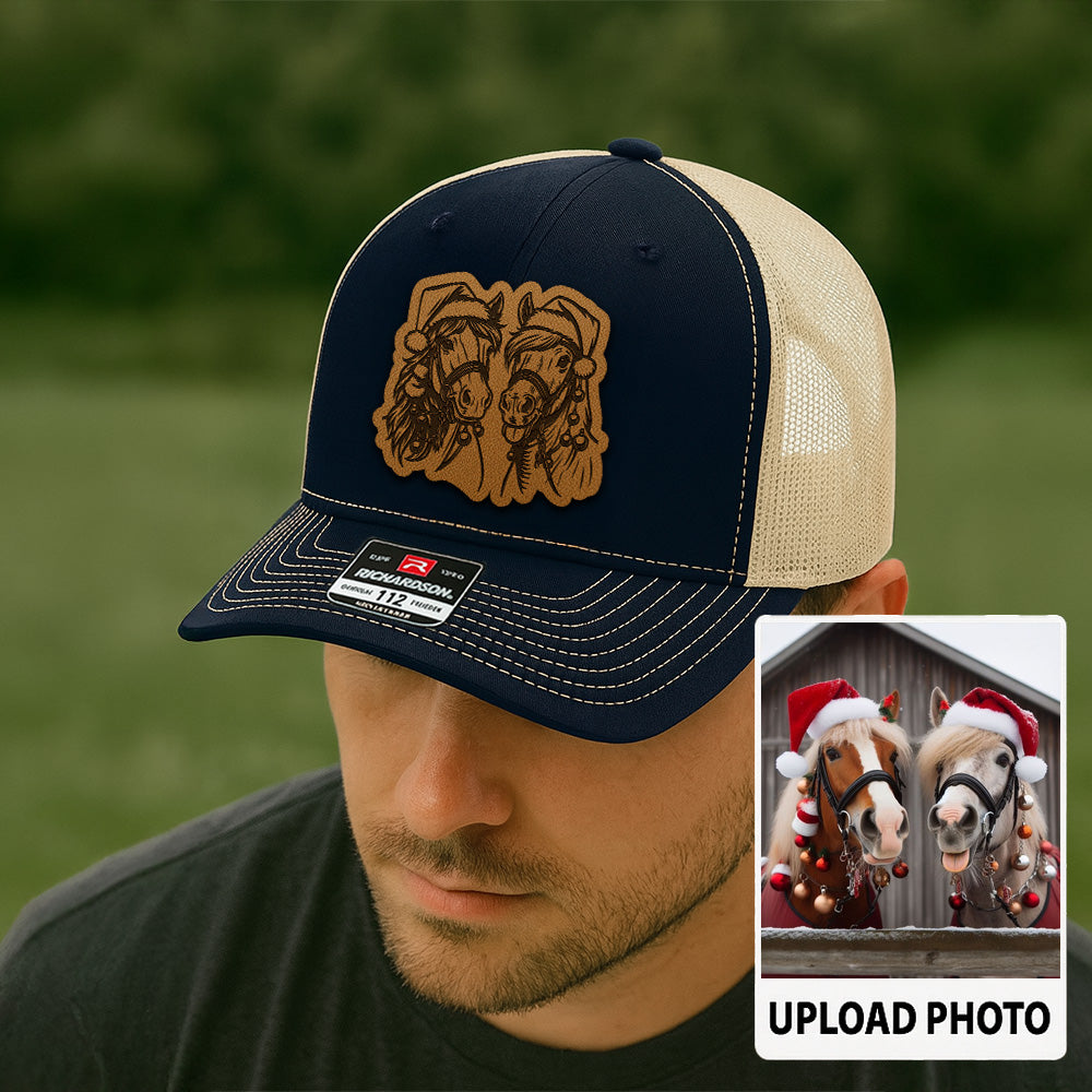 Personalized Horse Photo Leather Patch Hat | Custom Pet Photo Trucker Hat | Unique Gift For Horse Lovers THUC99P08