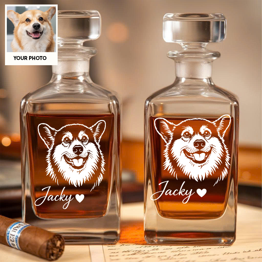 Custom Photo Dog Whiskey Decanter Set with Name, Personalized Pet Portrait Decanter, Dog Lover Gift THUC99