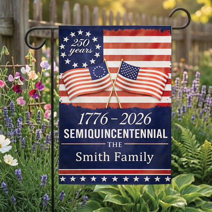 Semiquincentennial 250 Years Garden Flag 1776–2026, Personalized Family Patriotic USA Decor