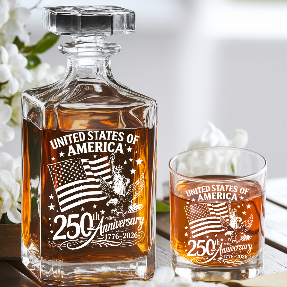 America 250th Anniversary Engraved Whiskey Decanter Set, Patriotic July 4 Gift THUC99