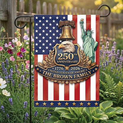 Personalized USA 250th Anniversary 4th of July Flag 1776-2026, Custom Name Patriotic American Garden Flag, Independence Day Outdoor Decor