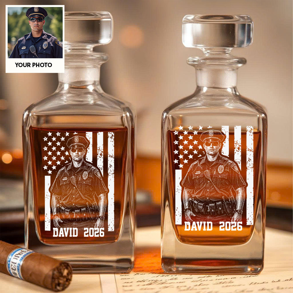 Custom Photo Police Whiskey Decanter Set, Personalized Police Officer America Flag Decanter THUC99