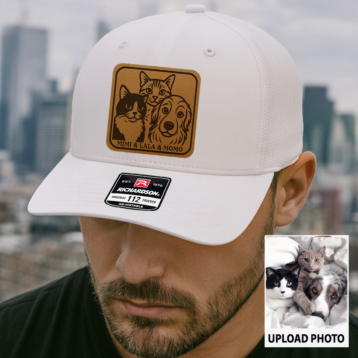 Custom Cat Photo Trucker Hat | Personalized Cat Patch Leather Patch Hat | Gift For Cat Lovers TNGANSP030