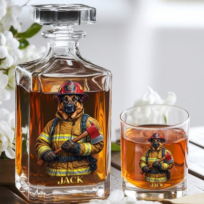 Personalized Firefighter Dog Decanter Set – Custom Printed Whiskey Gift