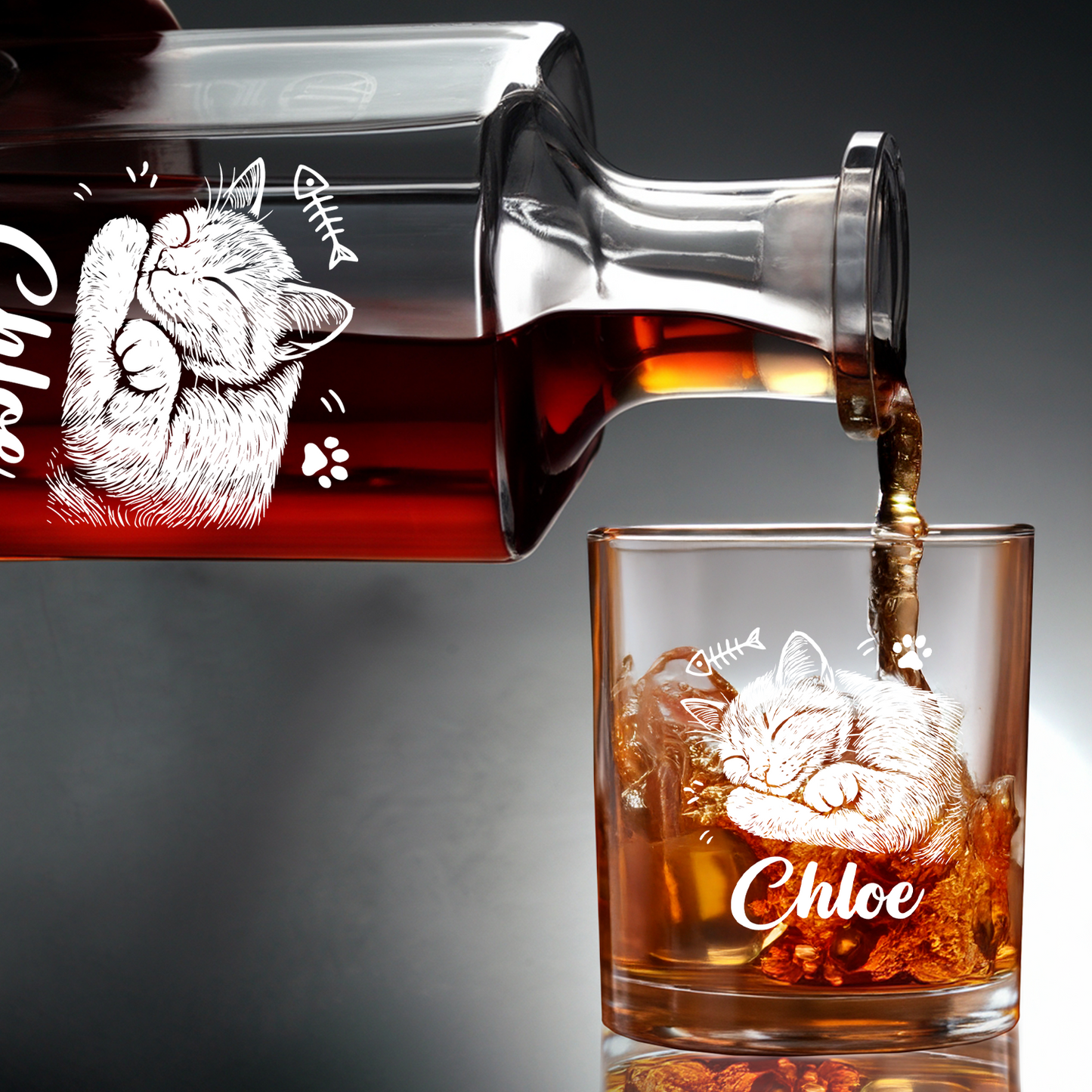 Custom Cat Photo Whiskey Glass And Decanter Set | Personalized Cat Photo Decanter | Gift For Cat Lover | Pet Memorial Gift TNN02