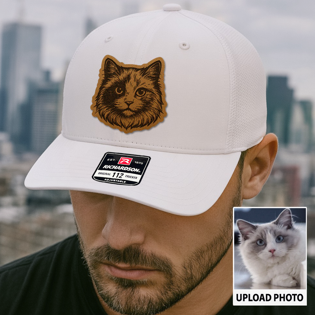 Custom Pet Photo Trucker Hat – Personalized Leather Patch Hat – Cat Portrait Gift – Custom Pet Face Hat P99A13