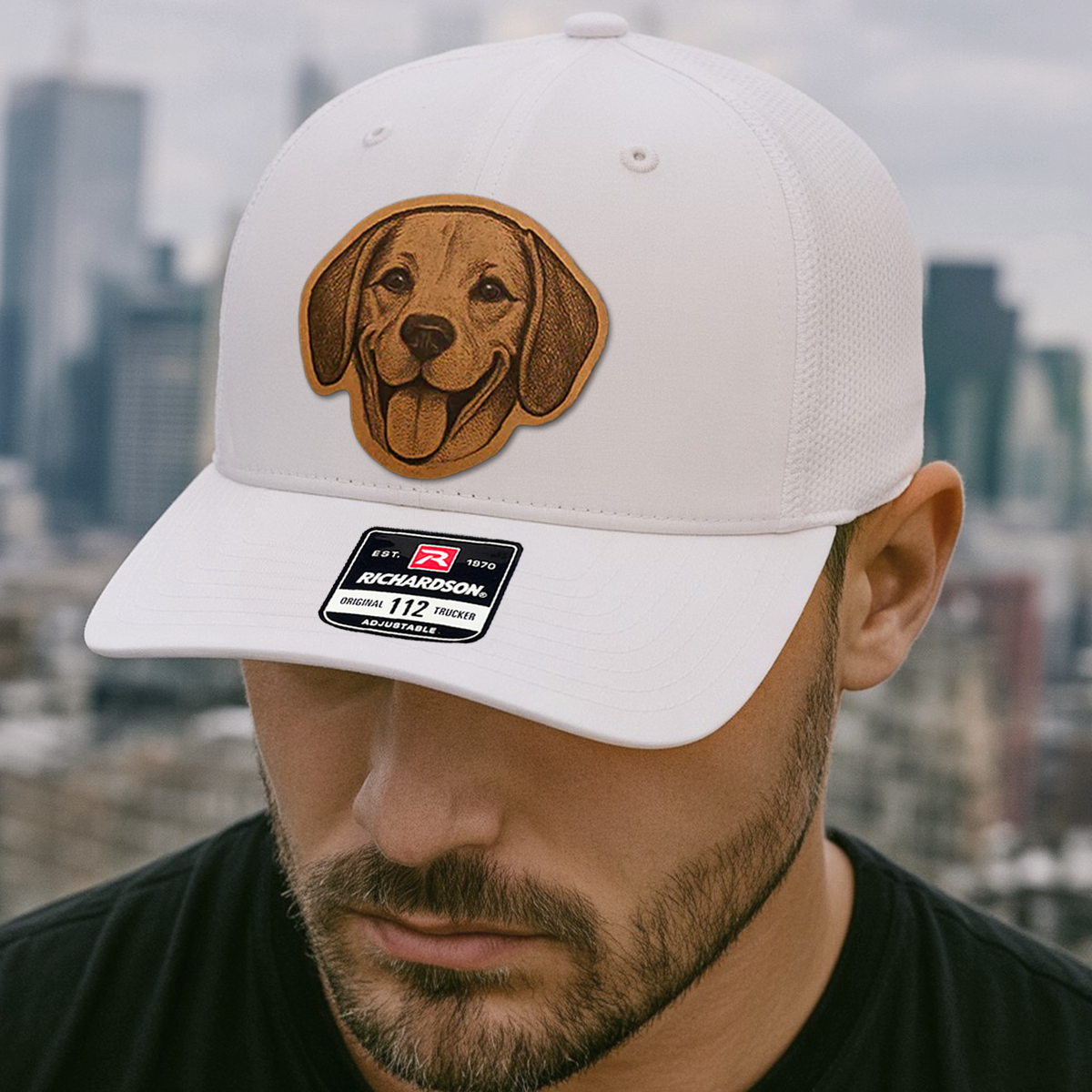 Custom Pet Photo Trucker Hat – Personalized Leather Patch Hat – Dog Gift – Custom Pet Face Hat NGOC99A7