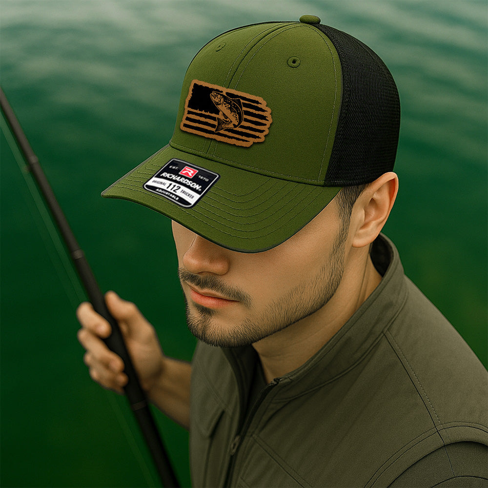 Personalized Fishing Leather Patch Trucker – American Flag Edition – Gift for Outdoorsmen THUC99MF03