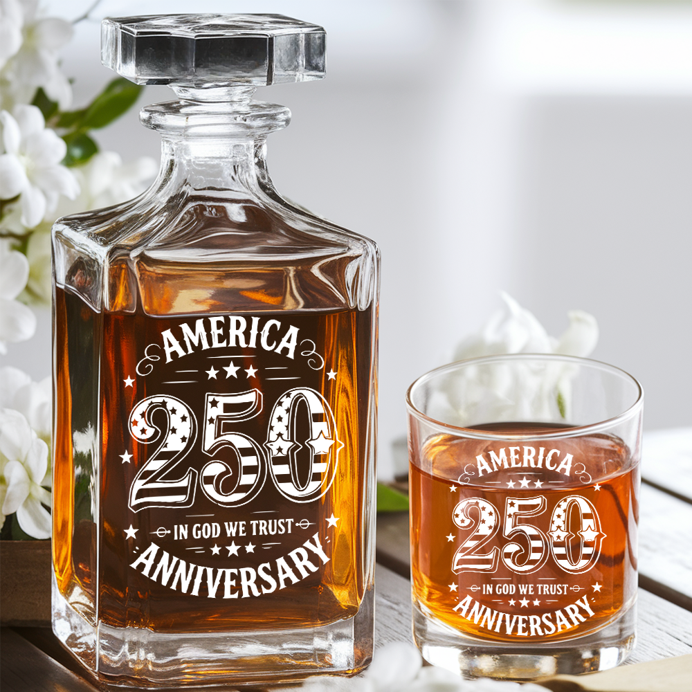 America 250 Years Anniversary Engraved Whiskey Decanter Set, Patriotic Bourbon Gift THUC99