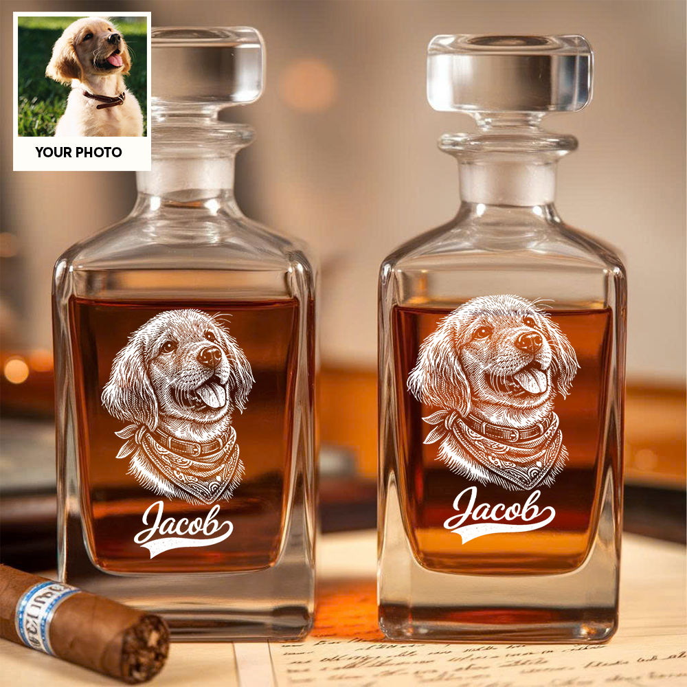 Custom Photo Dog with Name Whiskey Decanter Set, Personalized Pet Portrait Decanter, Custom Dog Lover Gift THUC99