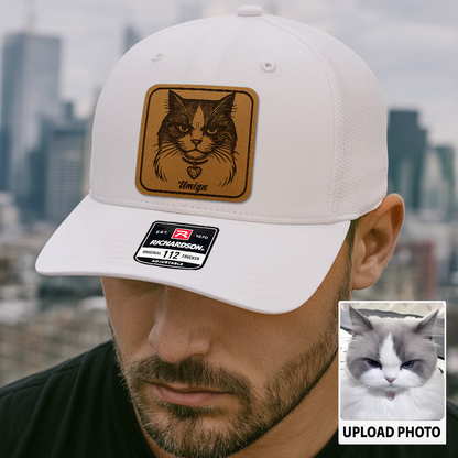 Custom Cat Photo Trucker Hat | Personalized Cat Patch Leather Patch Hat | Gift For Cat Lovers TNGANSP026