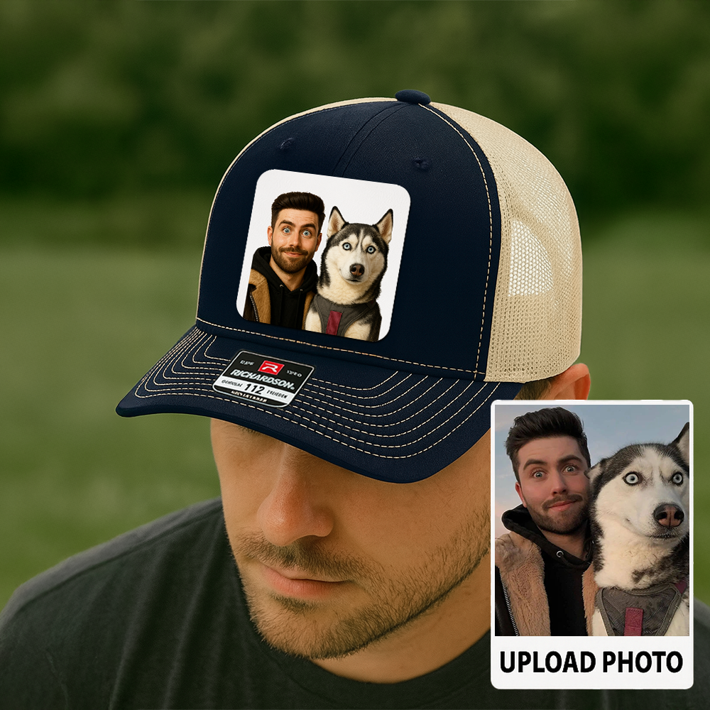 Custom Dog Lover Trucker Hat – Personalized Cap with Pet Photo on Leather Patch – Gift for Pet Owners TH9916