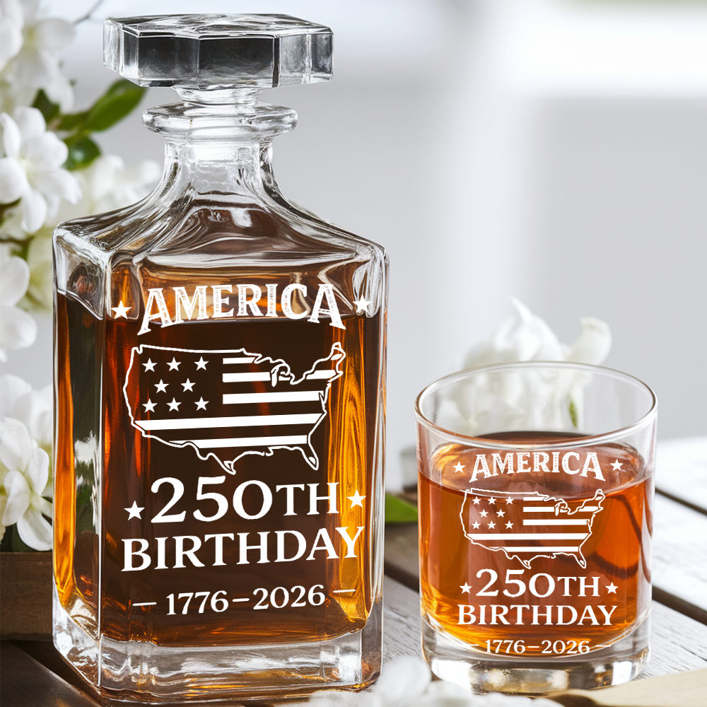 America 250th Birthday Engraved Whiskey Decanter Set, Patriotic USA Map Gift 1776–2026 THUC99