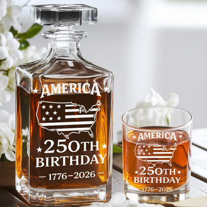 America 250th Birthday Engraved Whiskey Decanter Set, Patriotic USA Map Gift 1776–2026 THUC99