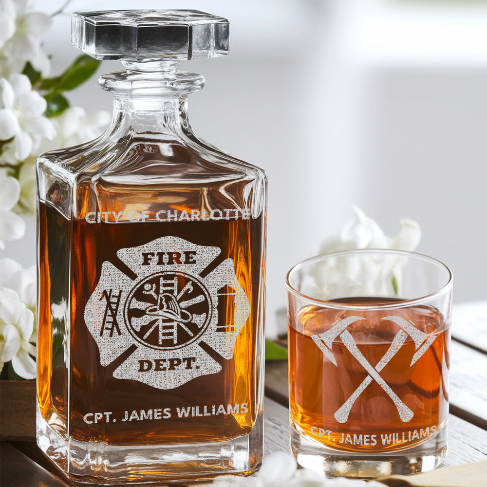Custom Fire Department Whiskey Decanter Set, Engraved Name Firefighter Gift