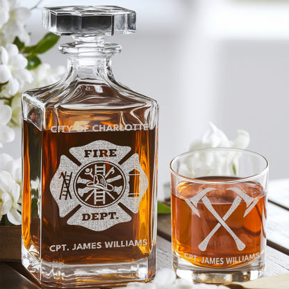 Custom Fire Department Whiskey Decanter Set, Engraved Name Firefighter Gift