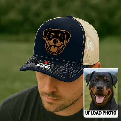 Custom Pet Photo Trucker Hat – Personalized Leather Patch Hat – Dog Portrait Gift – Custom Pet Face Hat P99A19