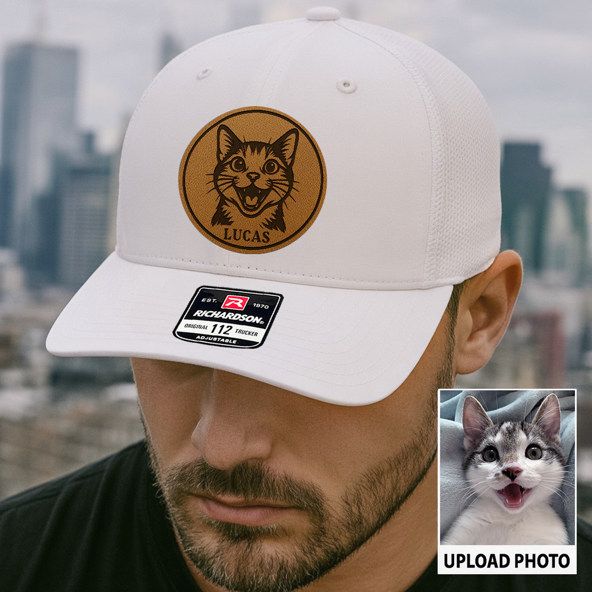 Personalized Cat Photo Leather Patch Hat | Trucker Hat With Cat Photo | Gift For Cat Lover TNGANSP038